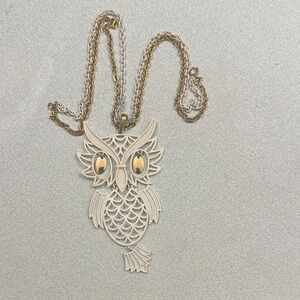 Vintage Owl Necklace White Enamel Gold Tone Articulated Body Double Chain